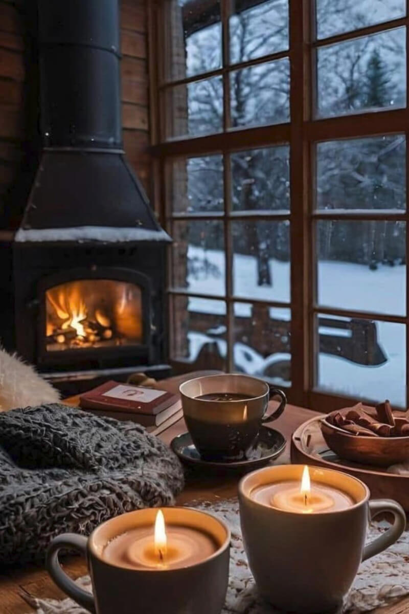 A glowing fire while is snows outside, and indoors you enjoy a book, homemade candles, and a cup of hot coffee.