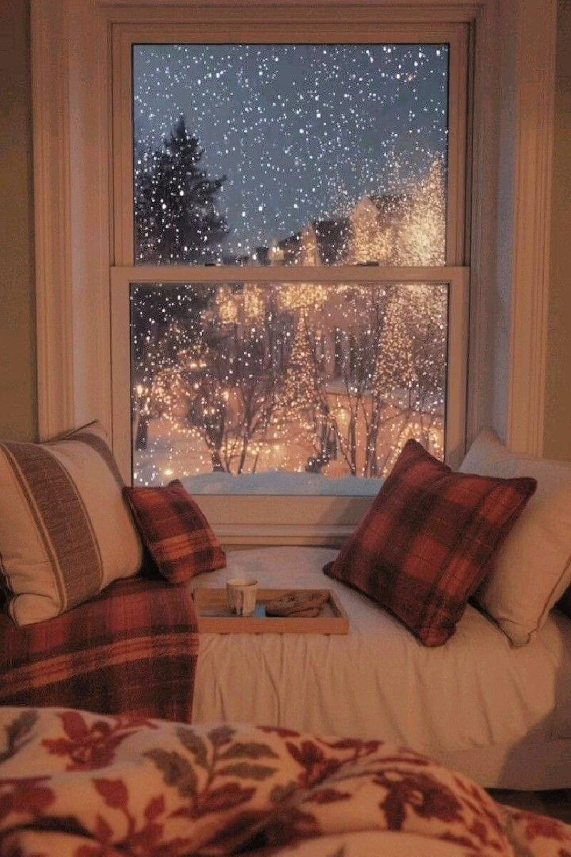 A winter wonderland of cozy moments is spent sitting at the window while enjoying watching the snow falling outside.