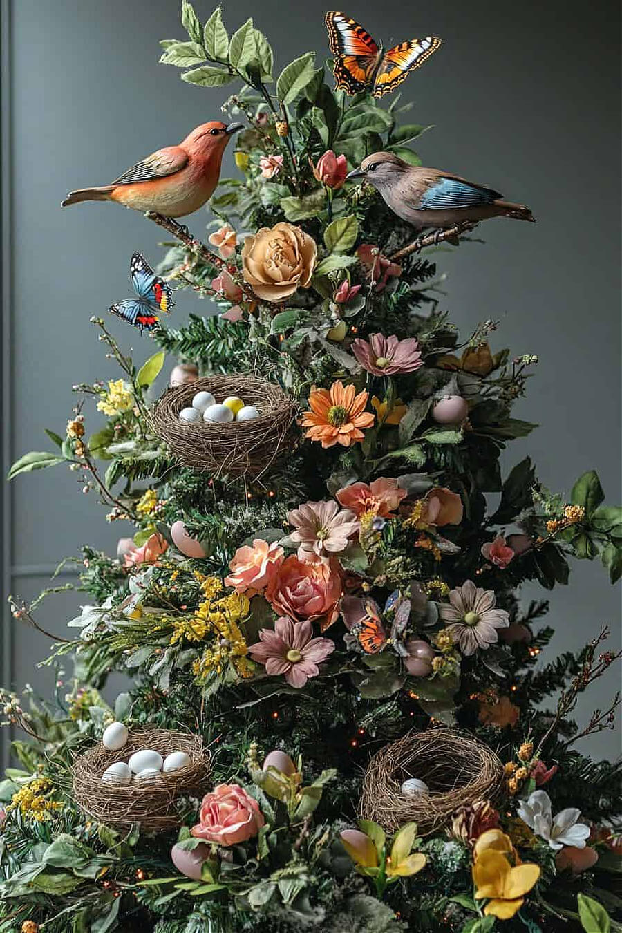 A tree decked out for springtime with birds, flowers, butterflies, and nests with birds eggs.