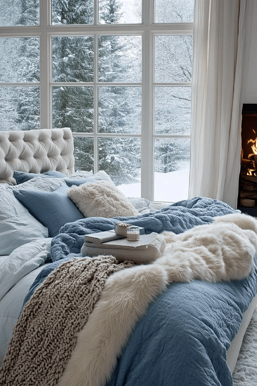 Creating a Cozy Winter Bedroom can feel luxurious with soft blue and neutral bedding with an electric fireplace.
