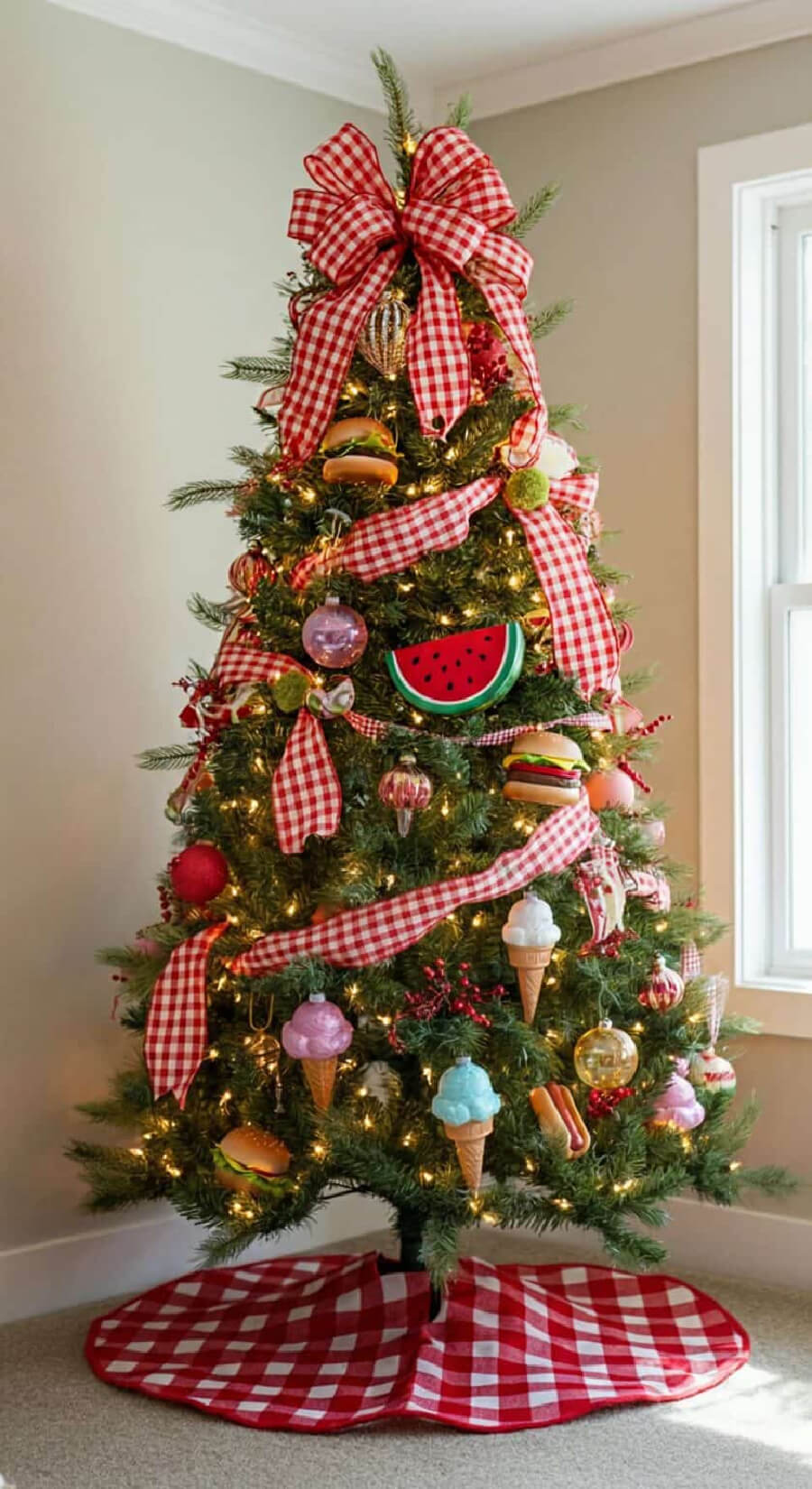 A fun summer tree with hamburgers, ice cream cones, and hot dogs.