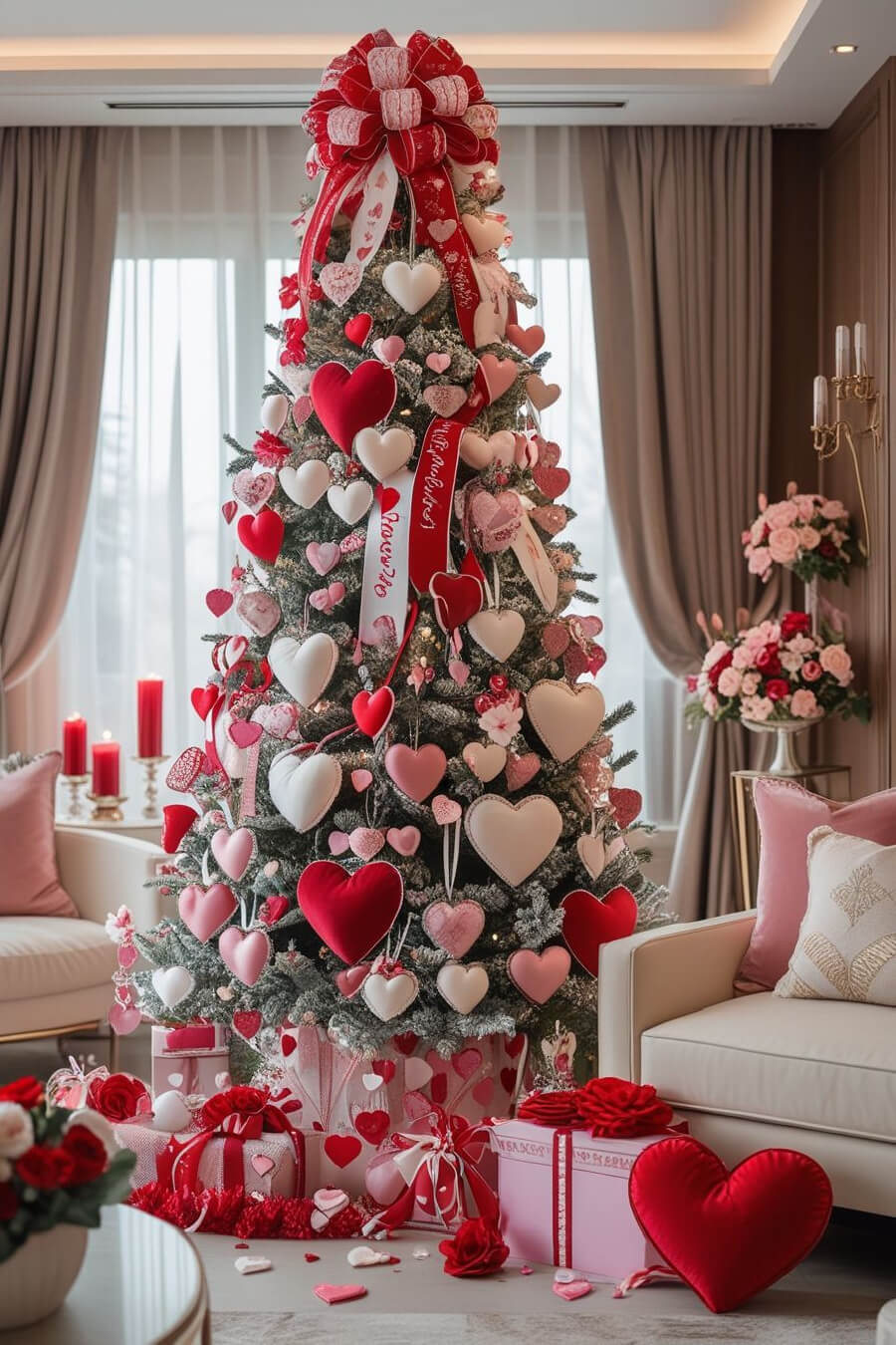 Ideas for year round Christmas trees could include this Valentine's Day tree decked out in stuffed hearts of red, white, and pink.