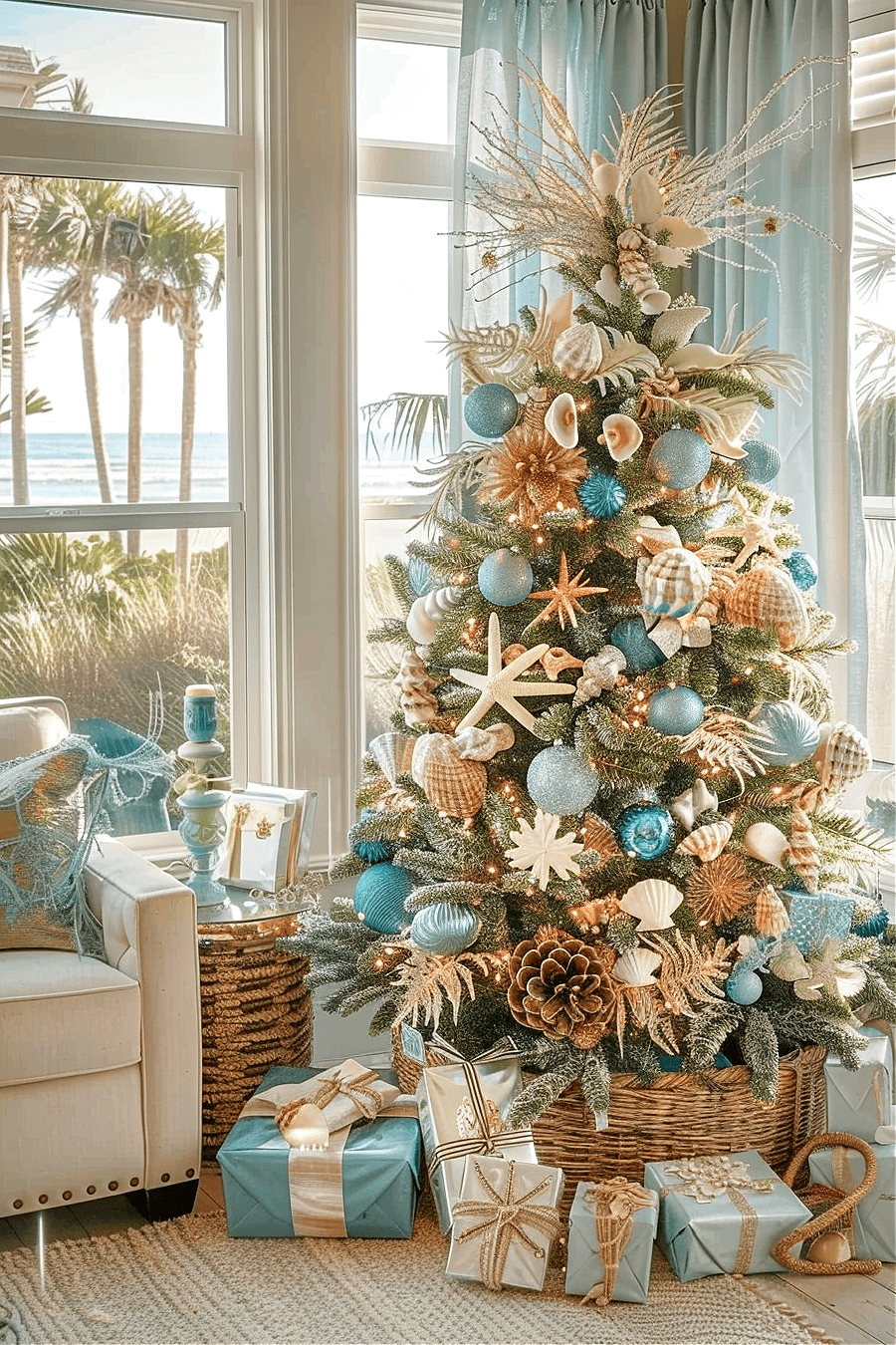 Ideas for year round Christmas trees might include this coastal decorated tree which would work for summer.