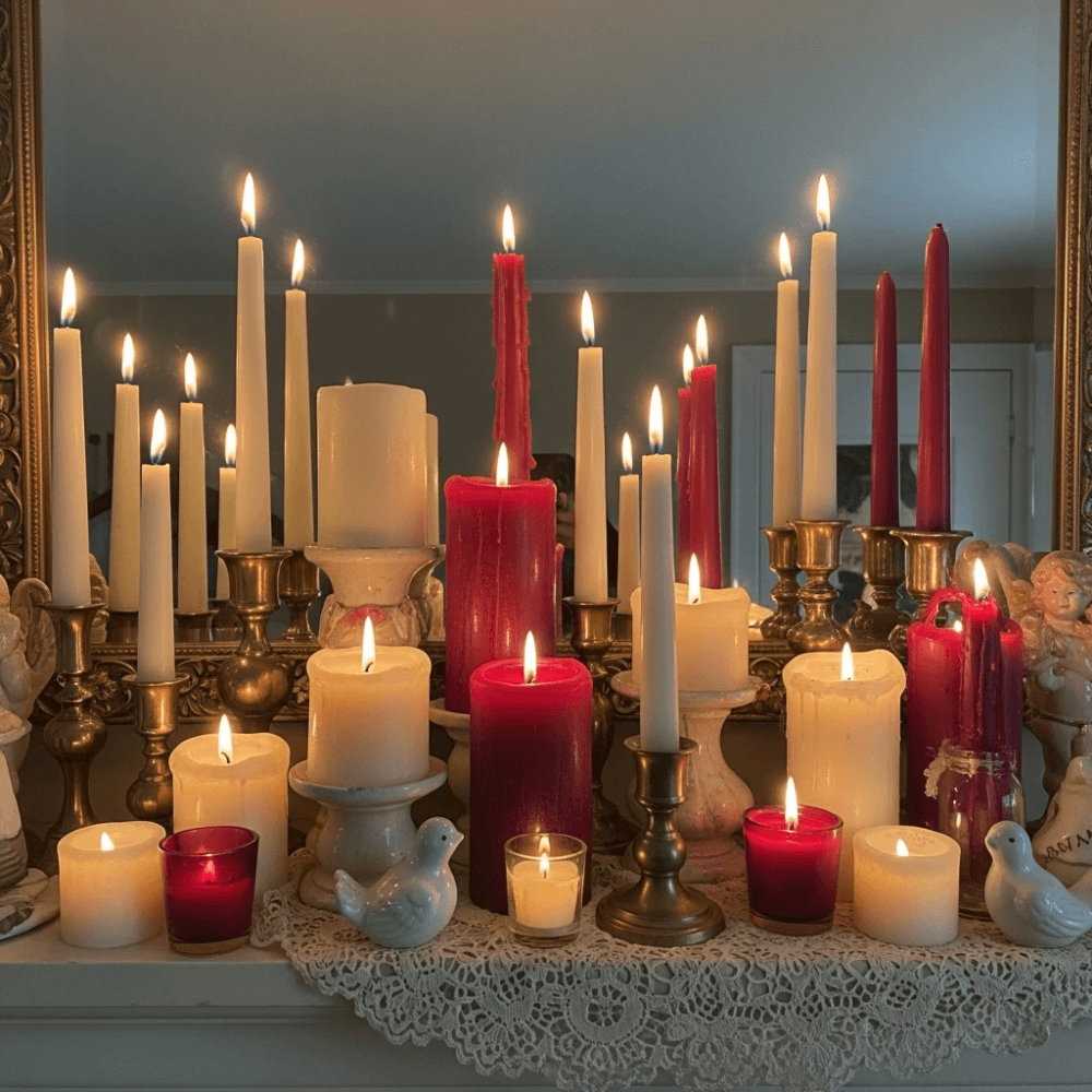 Beige and red candles lit on a mantel in front of a mirror.