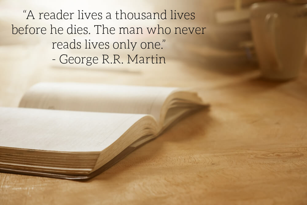 The charm of bookish souls image with a quote about readers by George R.R. Martin.