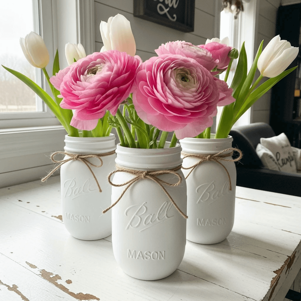 Pink flowers and white tulips in Mason's jars painted white with a jute bow.
