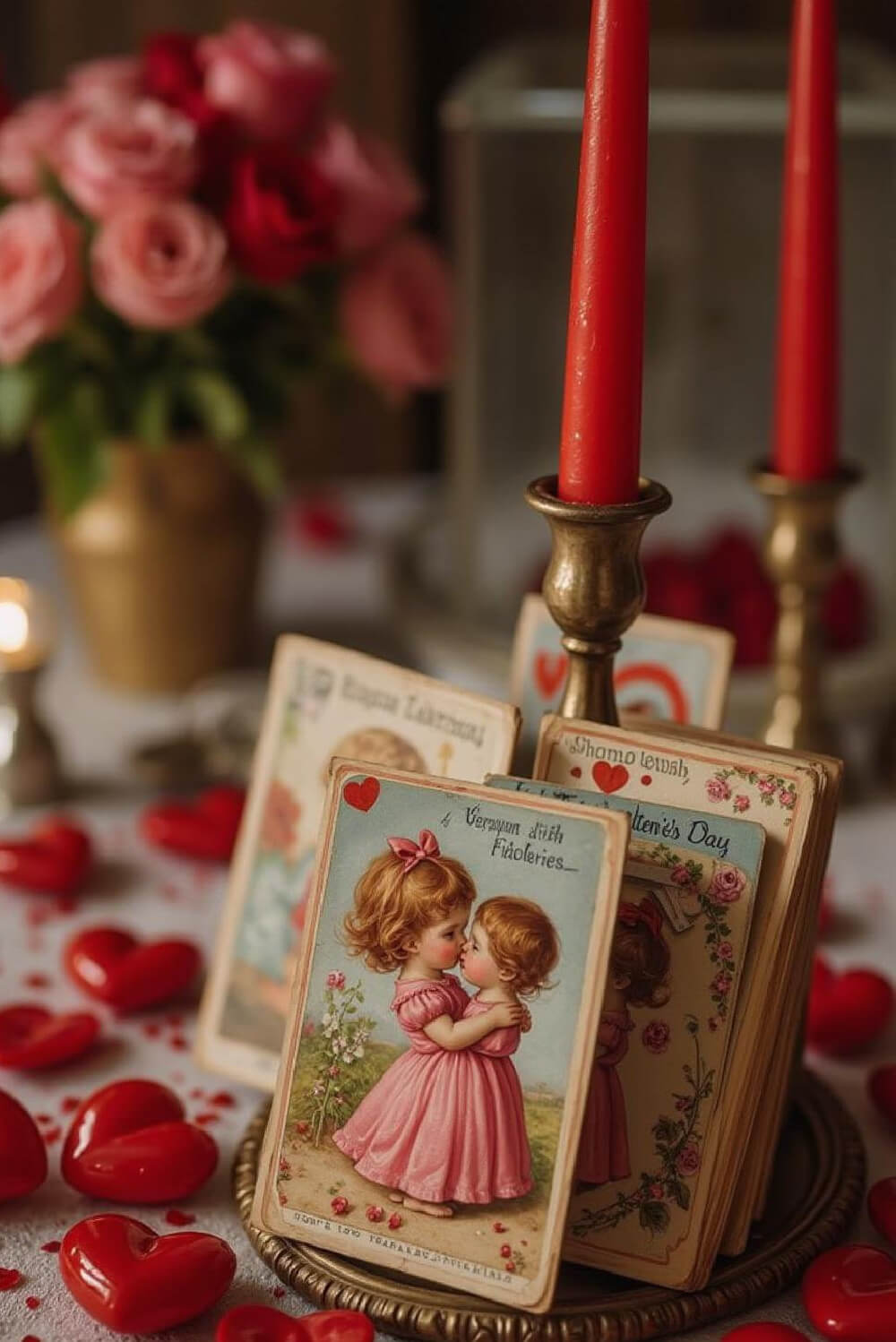 Vintage cards and red heart shapes.