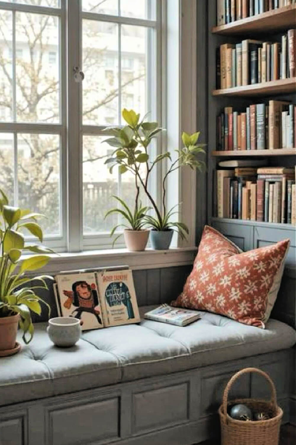 Small cozy Nook Home Libraries can be created in a window seat under a window as long as there's shelves.