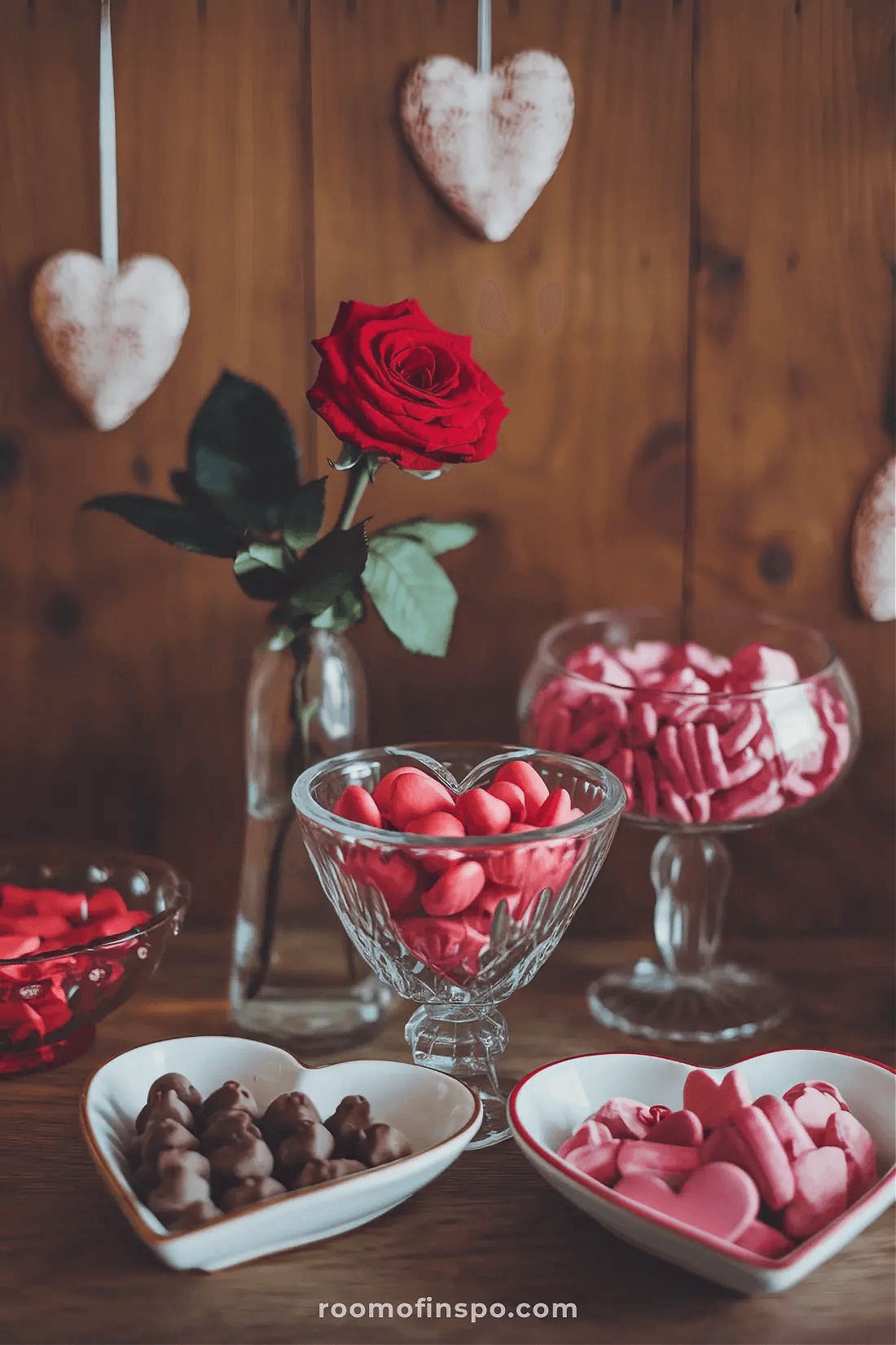 Simple Decorating Ideas for Valentine's Day can be containers of candy and a rose in a jar.