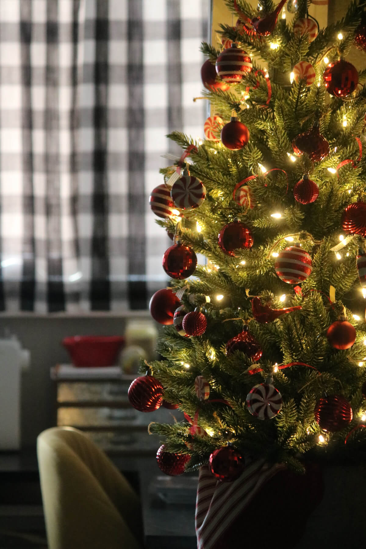 The red and white ornaments I decorated the tree with for Christmas.