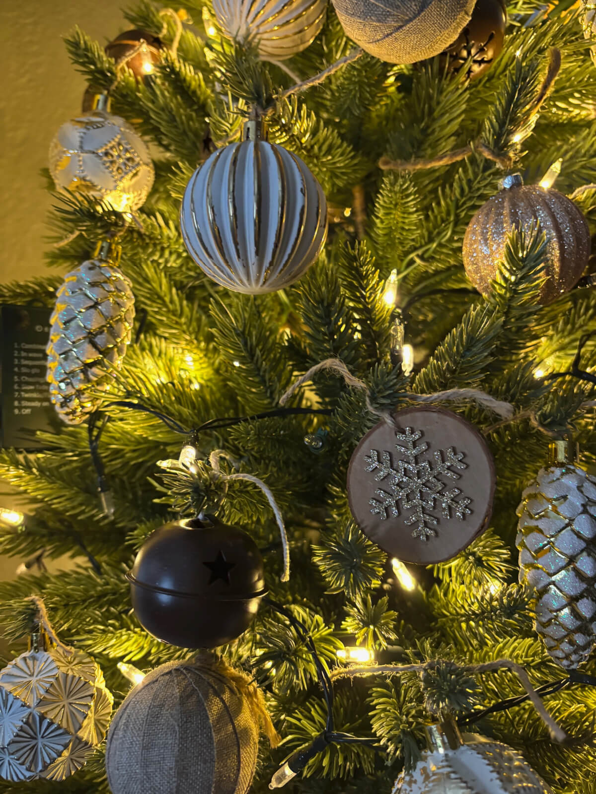 A close up of the ornaments I added to my winter Decorated Tabletop Tree.