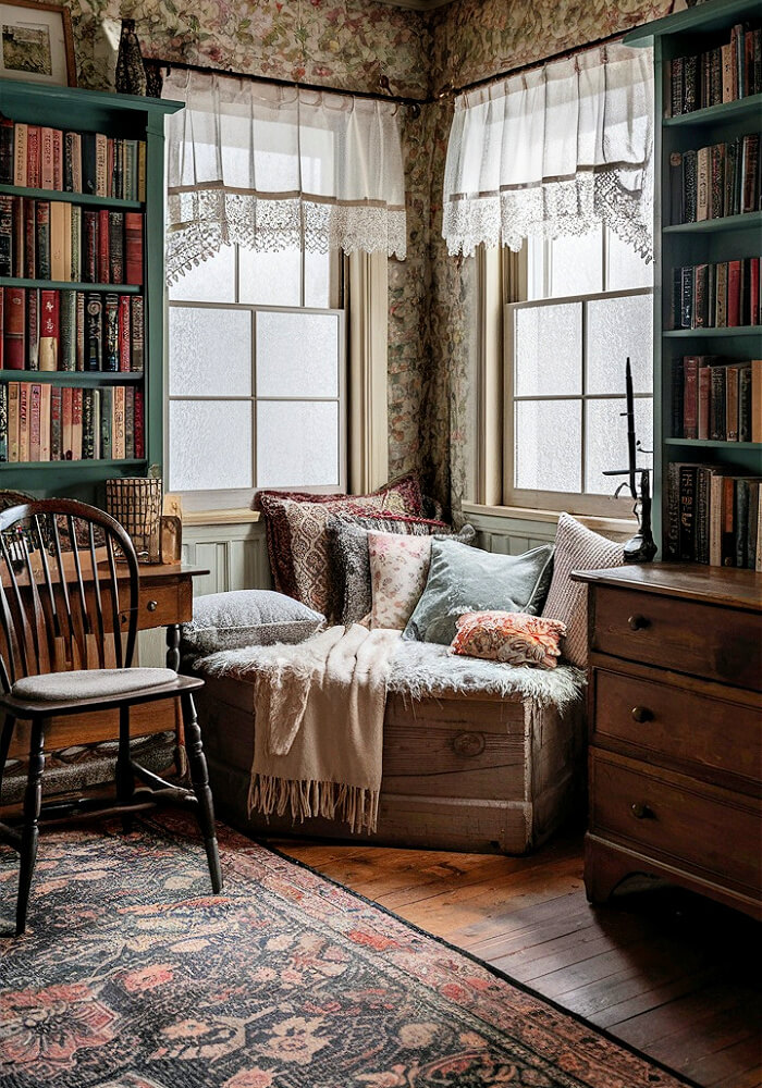 This little corner has a corner sitting area with bookshelves on either side.