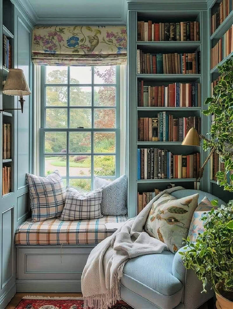 Small cozy Nook Home Libraries is a wonderful spot to create a window seat with shelves.