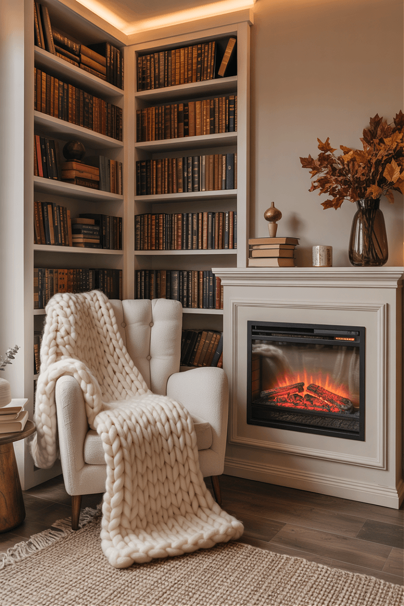Small cozy Nook Home Libraries can have a fireplace, which is perfect for cold, winter days.