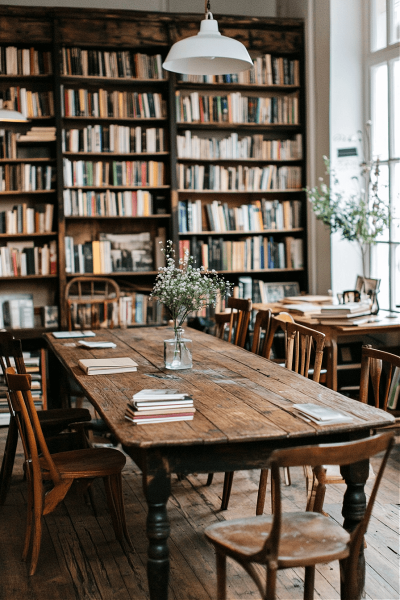 This photo of bookshelves and a table reminds me of a Barnes & Noble's store coffee shop.