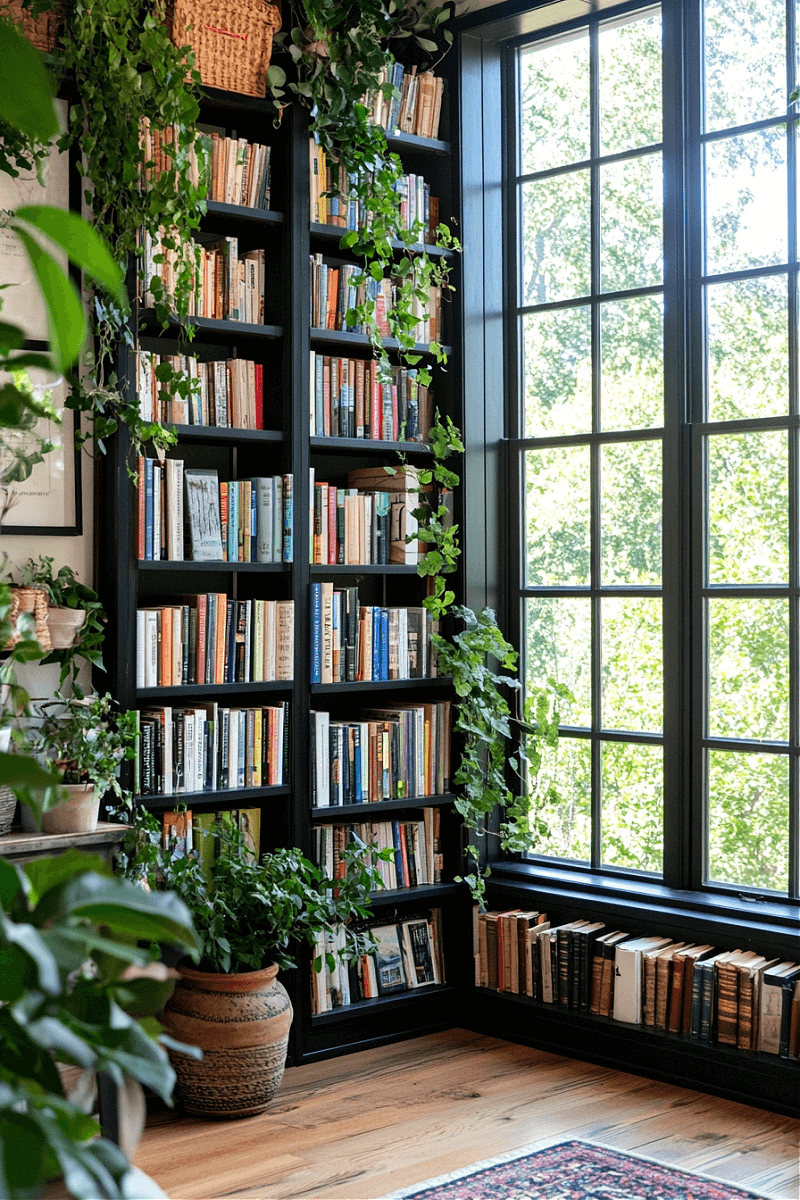 Small cozy Nook Home Libraries can take up just a small space, perhaps a corner. As this one does with books and house plants.