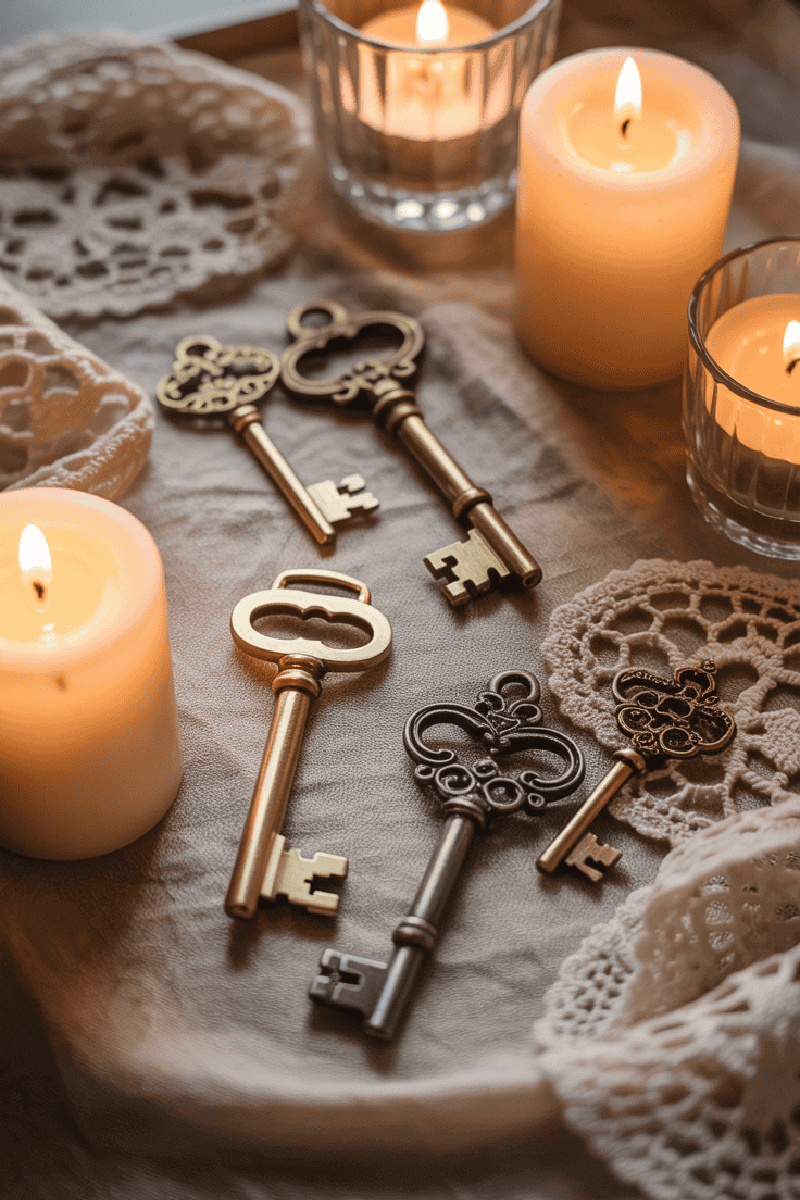 Vintage keys, lit candles, and crocheted doilies on a tabletop.