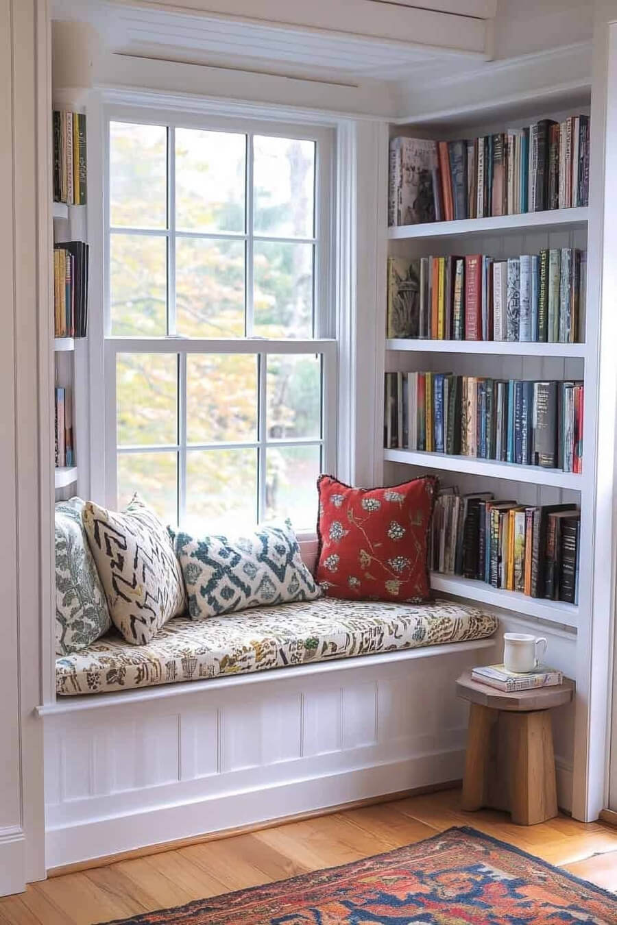 This window seat is between sets of bookshelves with patterned throw pillows.
