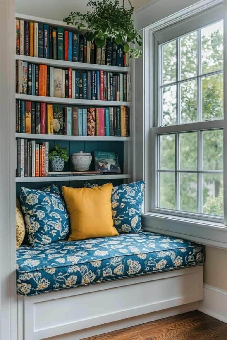A window seat of blue and white fabric and a gold pillow with bookshelves built above.
