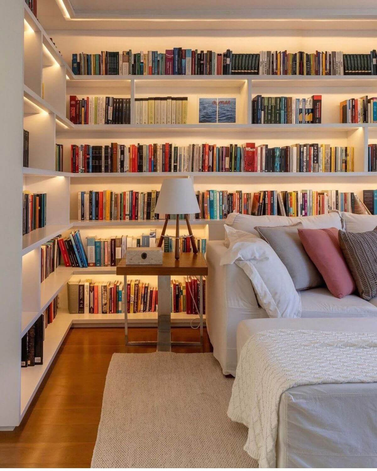 Small cozy Nook Home Libraries can be situated behind a couch, as this one is. Add lighting under each shelf and you have a perfect place for your books.