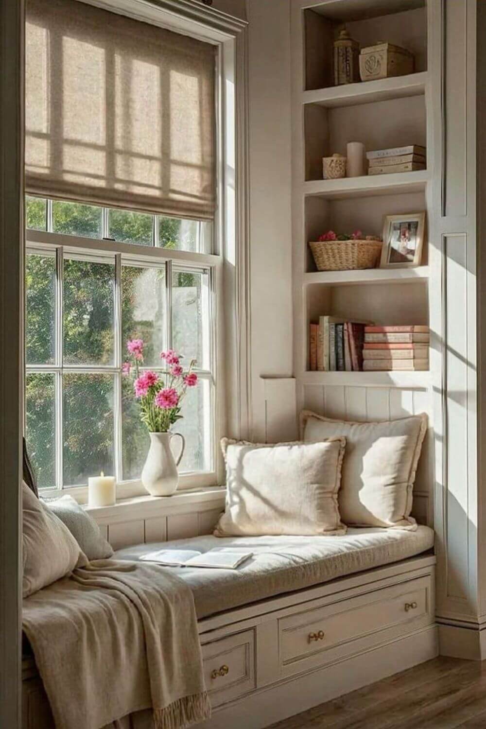 A comfy window seat with neutral colors and built-in bookshelves.