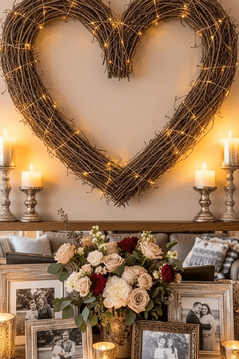 Simple Decorating Ideas for Valentine's Day can mean a grapevine heart-shaped wreath with flowers and framed family photos.