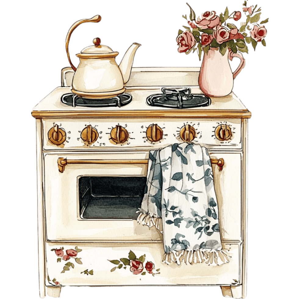 A white stove with a dish towel and a pitcher of roses.