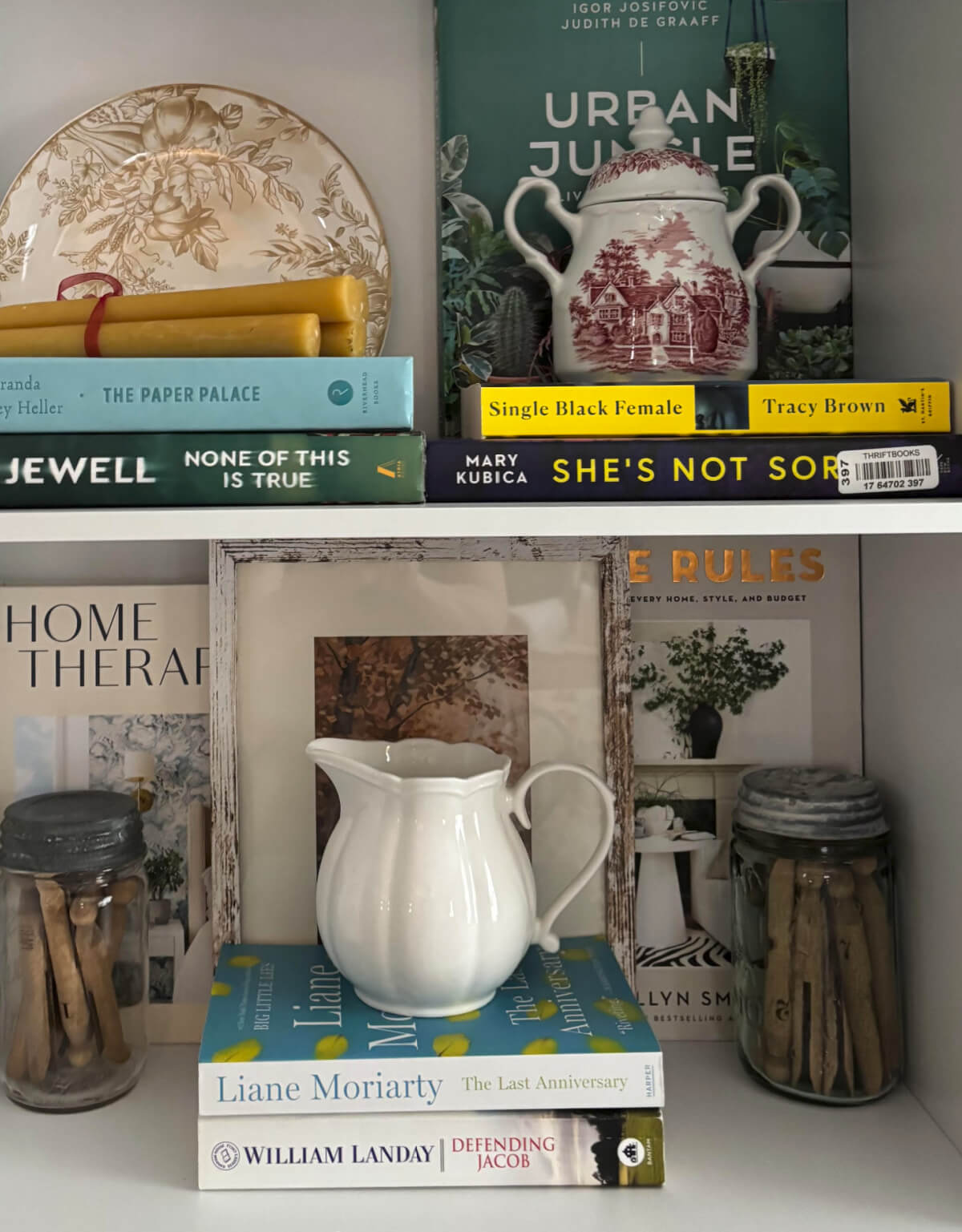 Some of the books and items I put on my bookshelves.