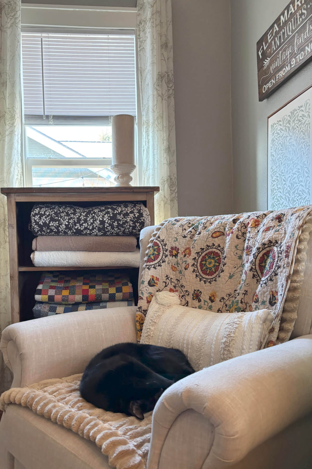 Simon is curled up asleep in the living room chair against the neutral boho pillow.