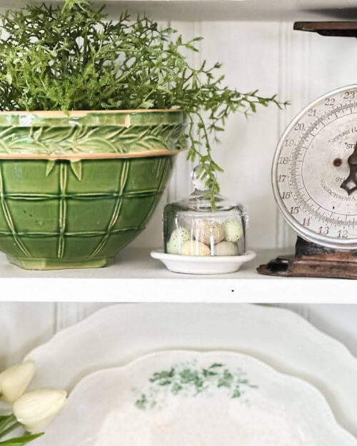 Welcome spring into your home with anything green and white. Like this pretty green bowl and dishes.