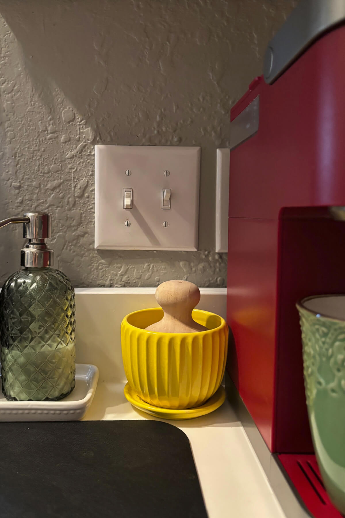 Putting a palm dish brush in a plant pot is an Easy Storage Idea. to Refresh Your Home