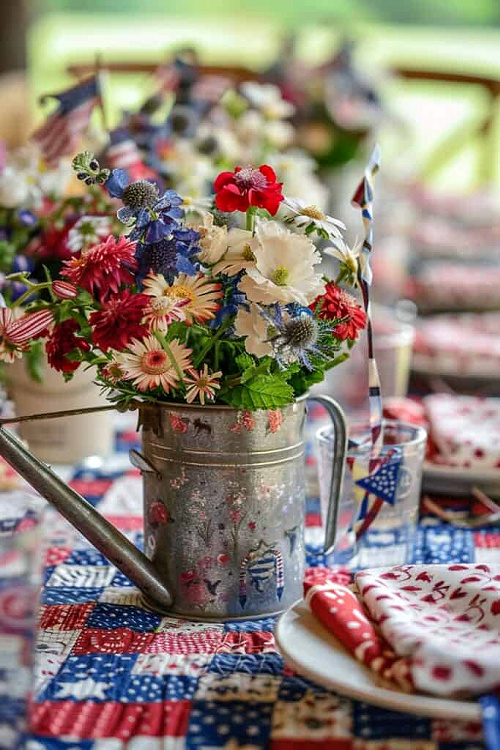 Simple 4th of July porch ideas includes a watering can with cut flowers.