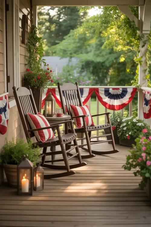 Simple 4th of July porch ideas are red, white, and blue decor.