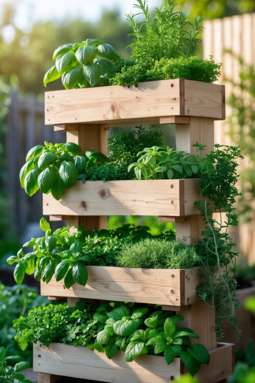 Stacked wood layered herb garden.