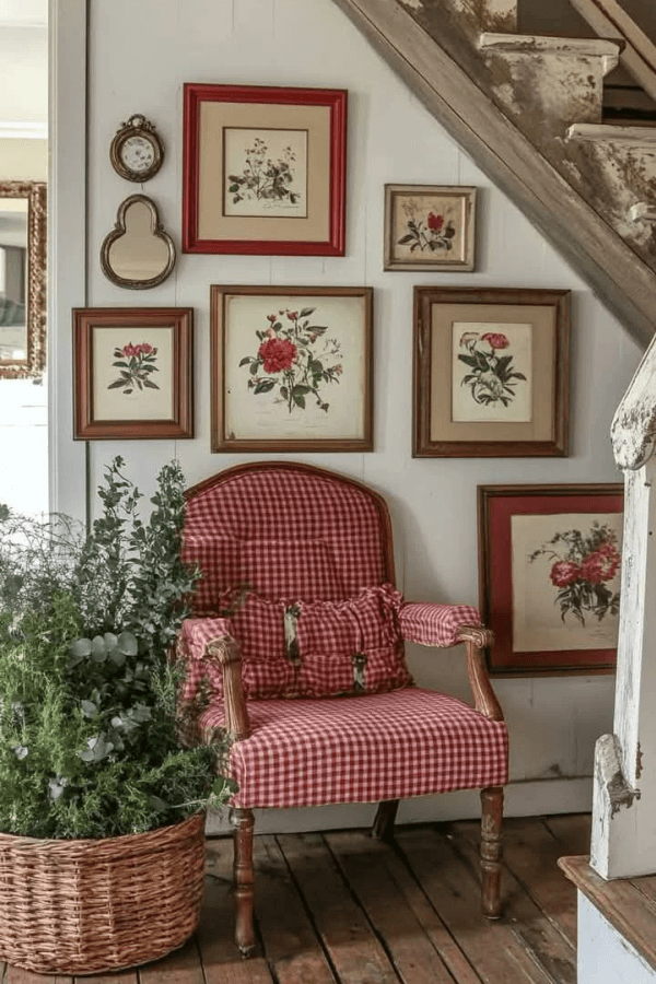 How to use red in your home could mean adding red and white upholstered checked furniture like this couch. 