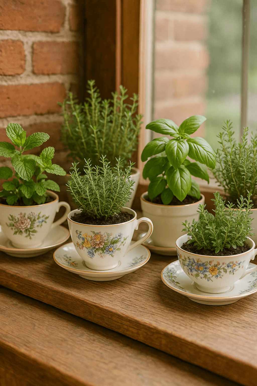 Teacup garden in a window.