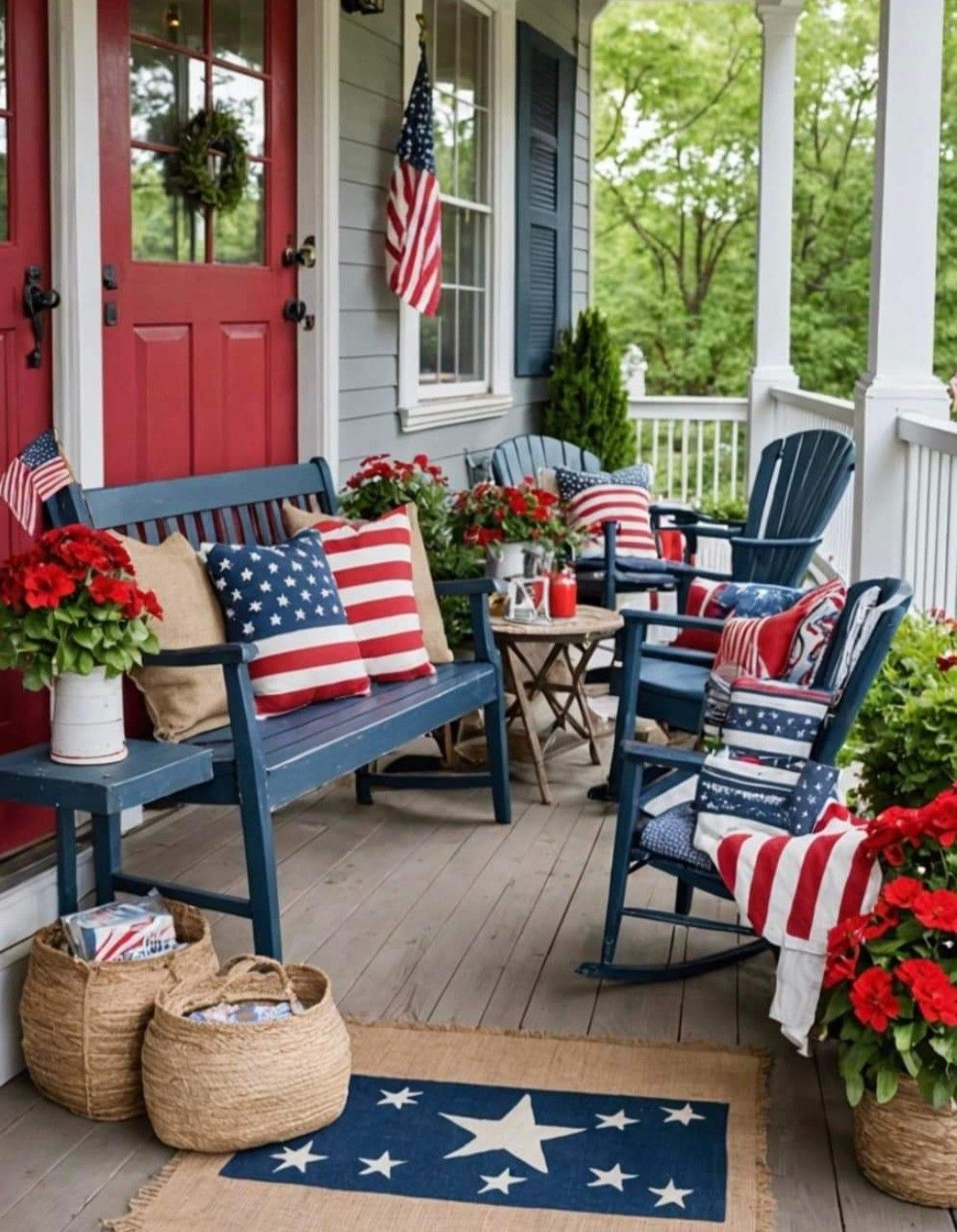 A red door and American flag above seating.