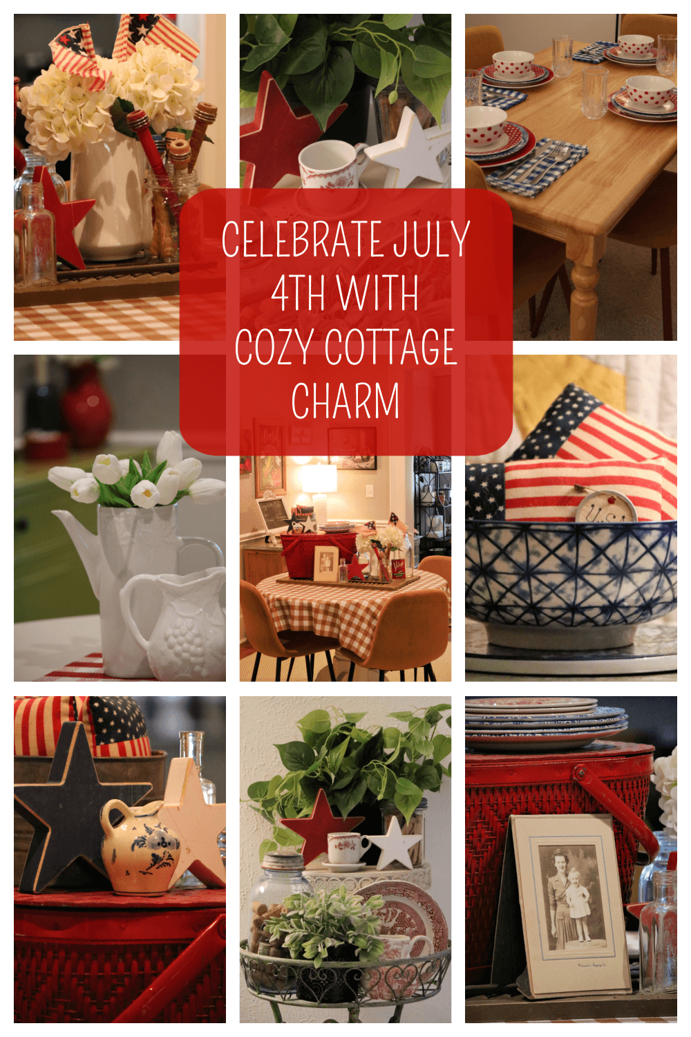 Celebrate July 4th with cozy cottage charm graphic.