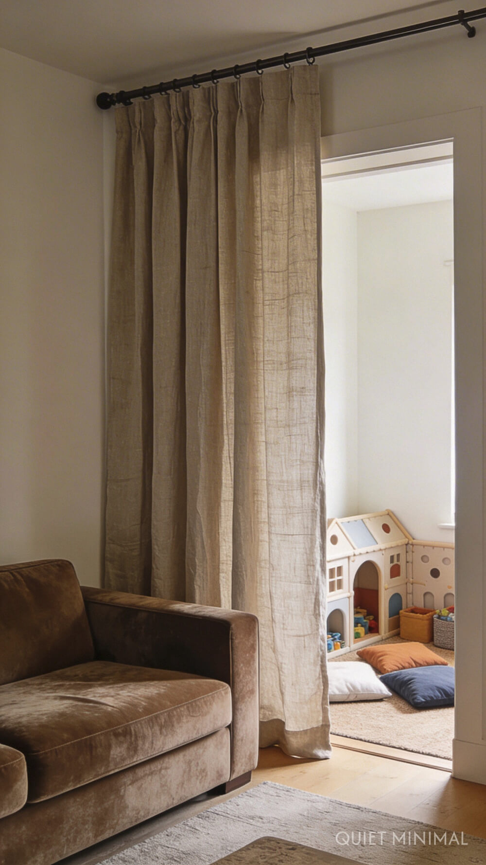 How to create zones in a room could mean creating a child's play area separated by a curtain.