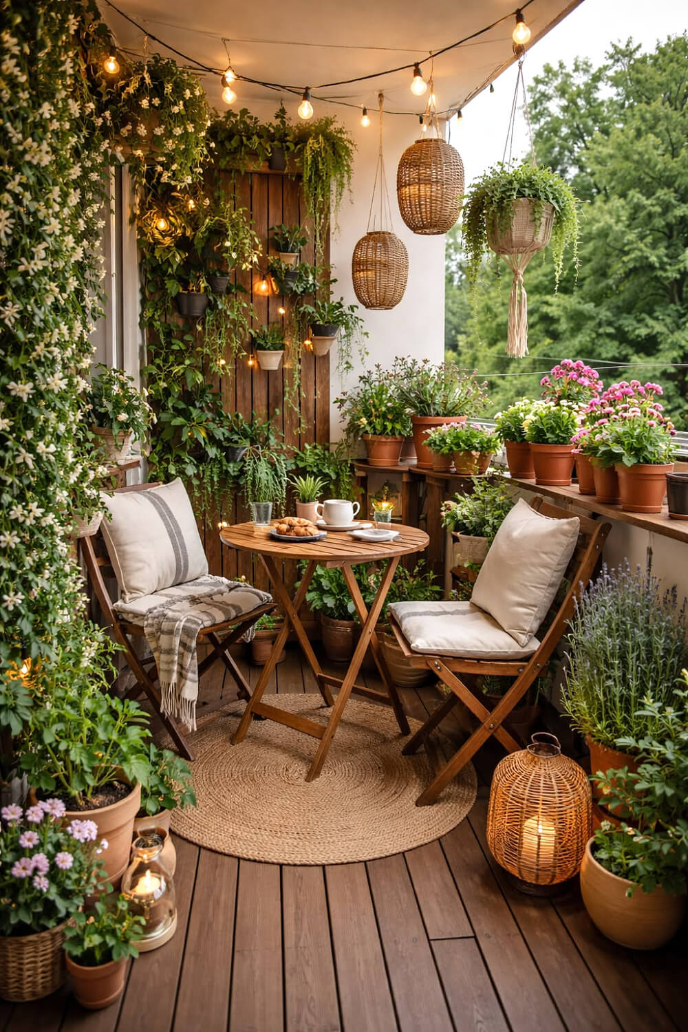 Table and chairs with wicker hanging lights.