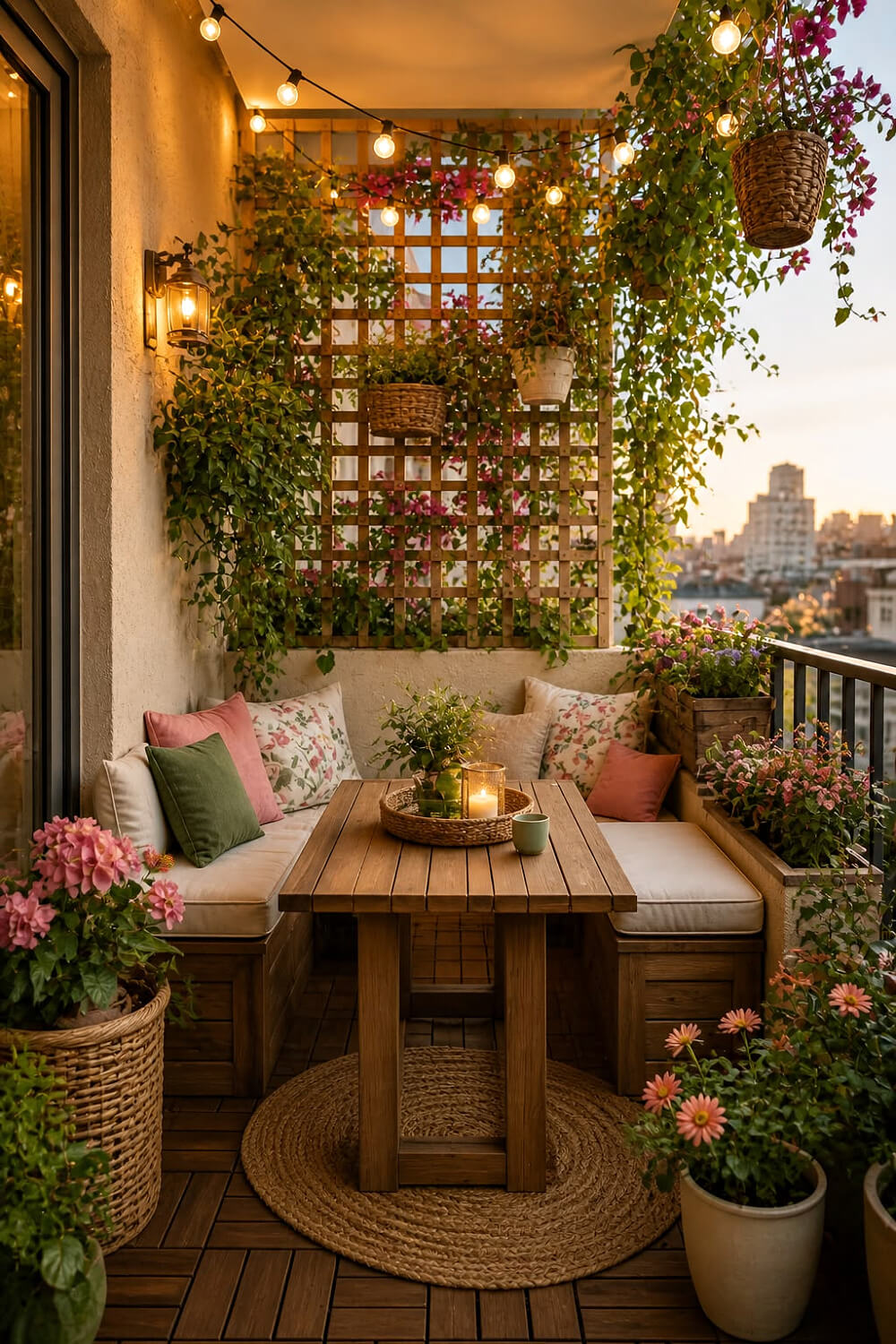 In Creative Ways to Decorate an Apartment Balcony, cushioned seating on either side of a table with a plant and a candle.