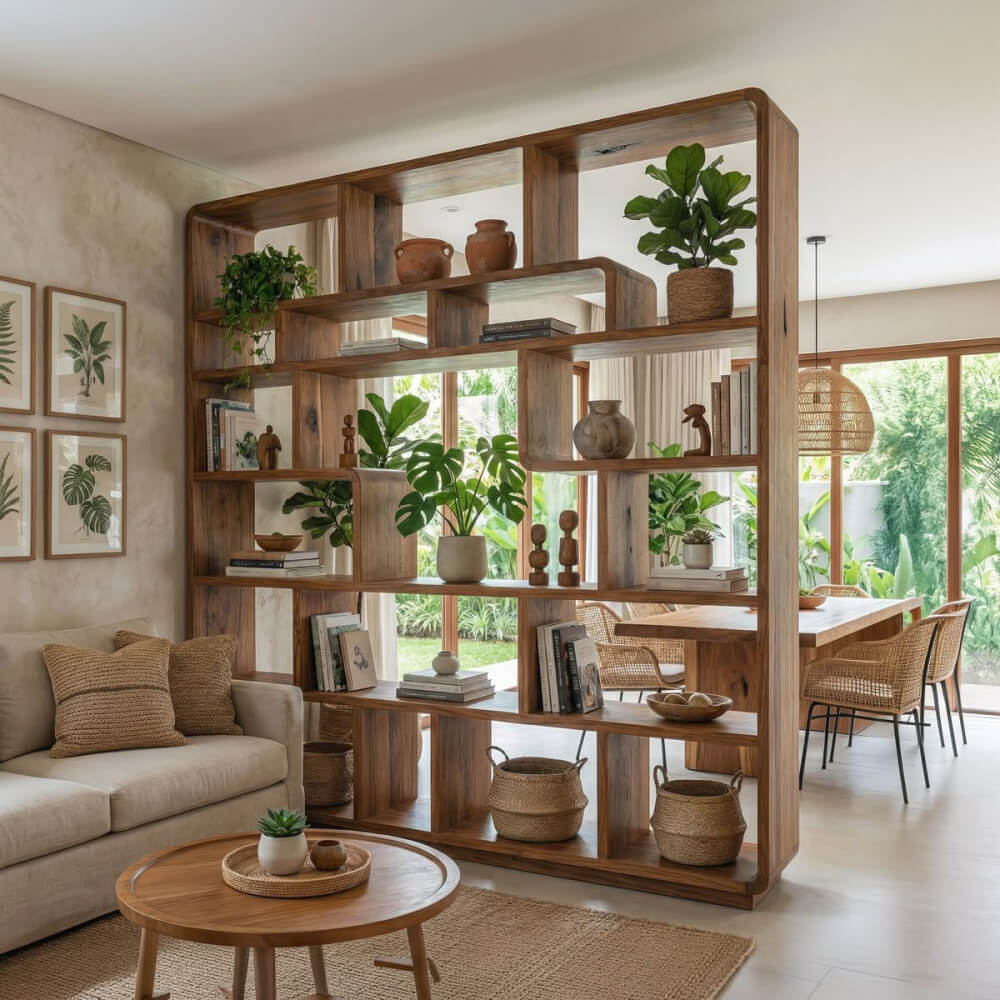 How to create zones in a room is by placing an open bookcase in the center of a dining and living area.