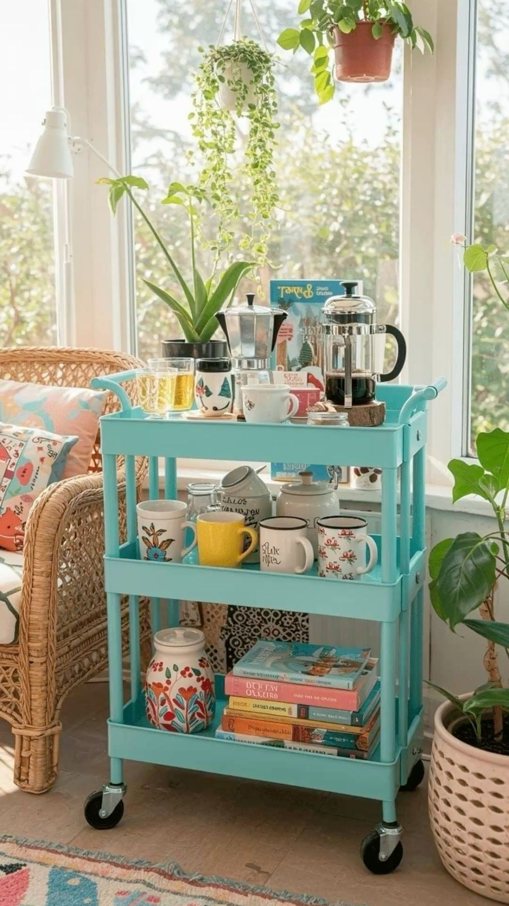 A coffee station on rollers, with books.
