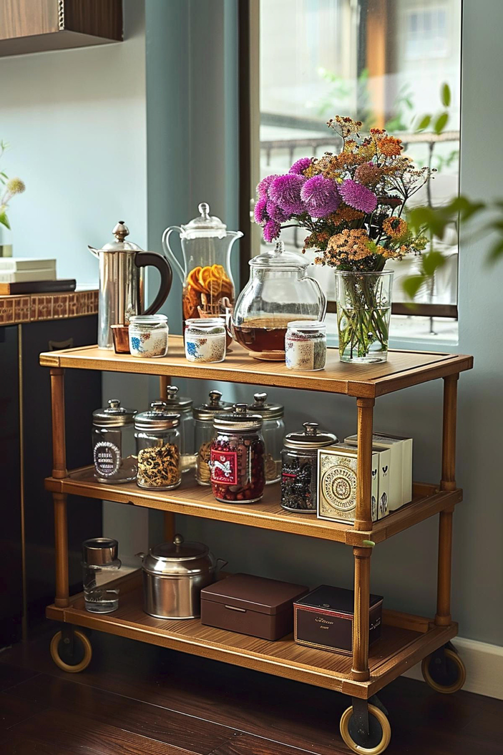 Wood storage for tea supplies.