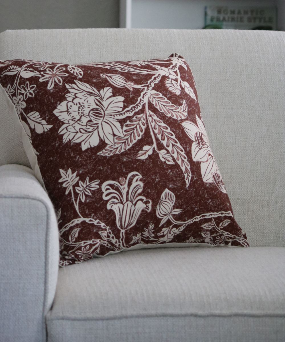 A weekly update + porch plants; this is my pillow cover on the couch this week.