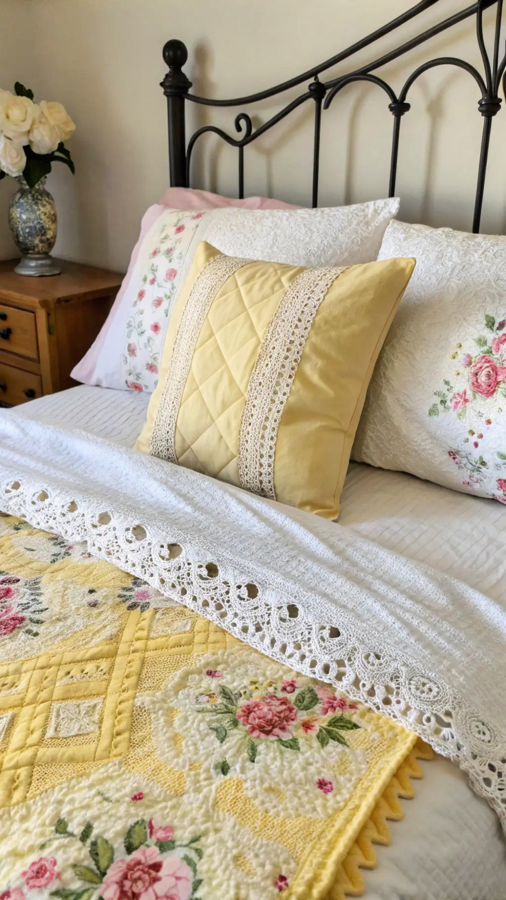 A bed with a pretty yellow, pink, and green quilt, lacy blanket, and frilly pillows.