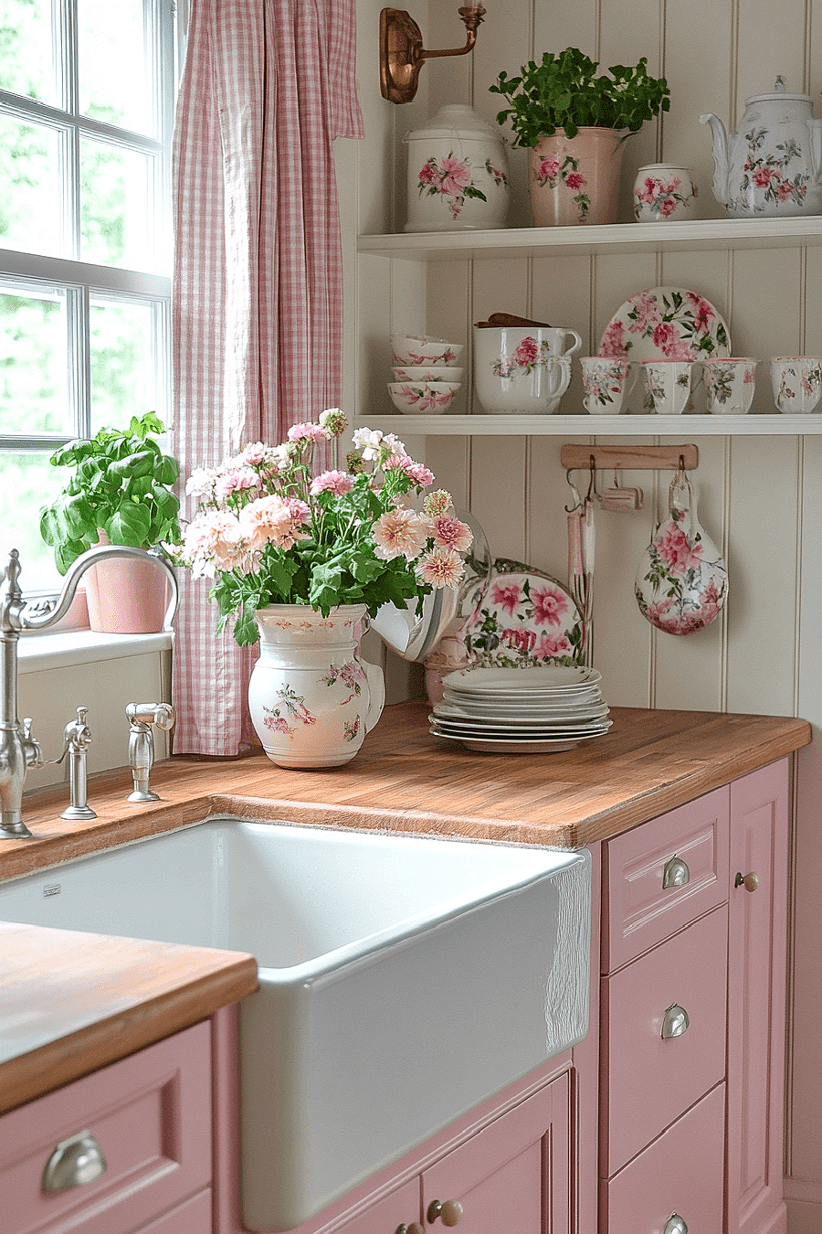 Add a little romance to cottage-core rooms with pink colors and flowers.