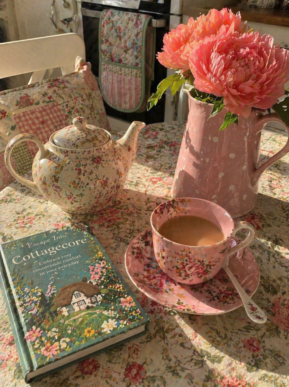A chintz teapot, a pink polka-dotted pitcher, and a chintz teacup on a floral tablecloth.