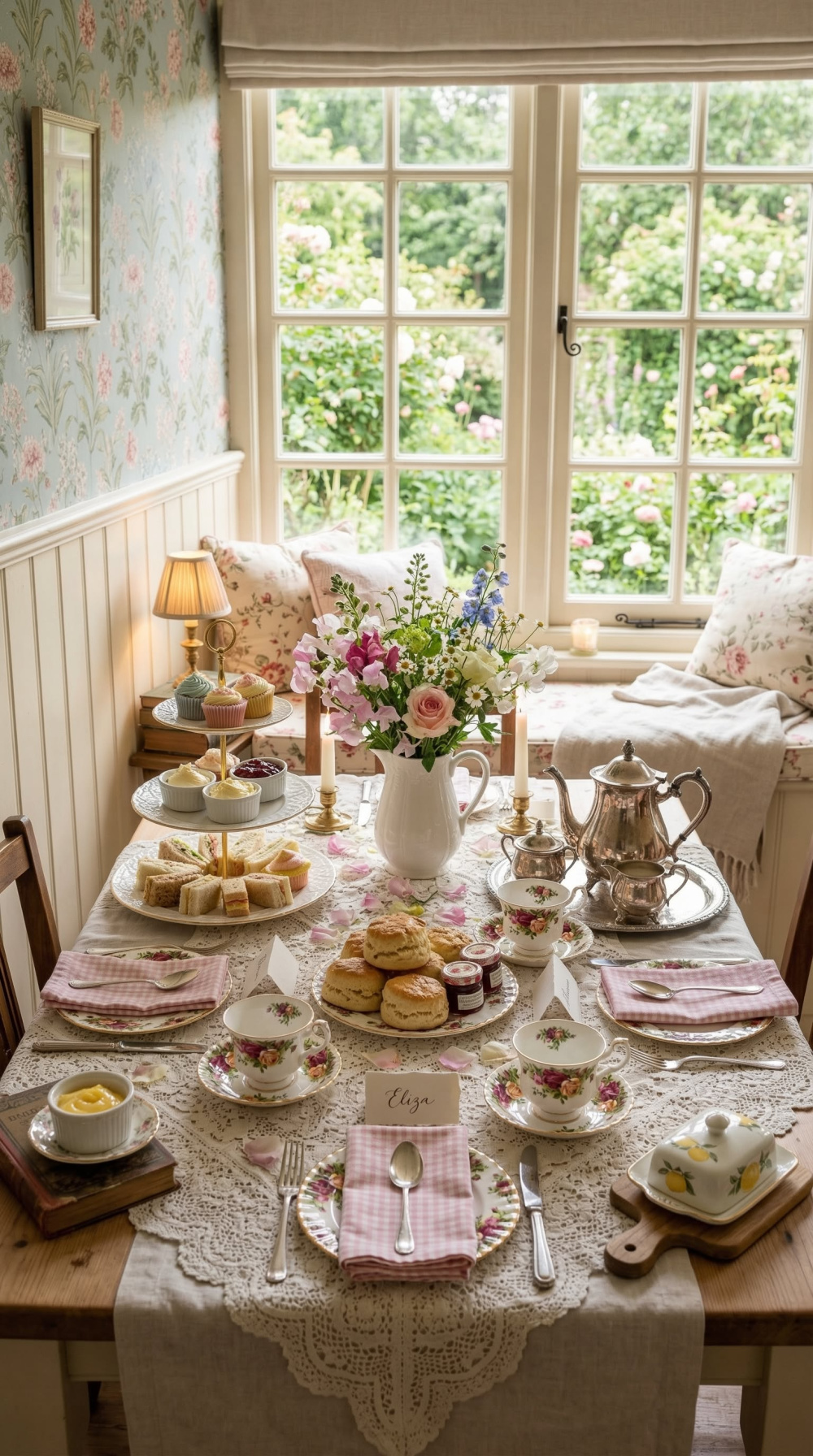 Add a little romance to cottage-core rooms with flowers and candles near a window.