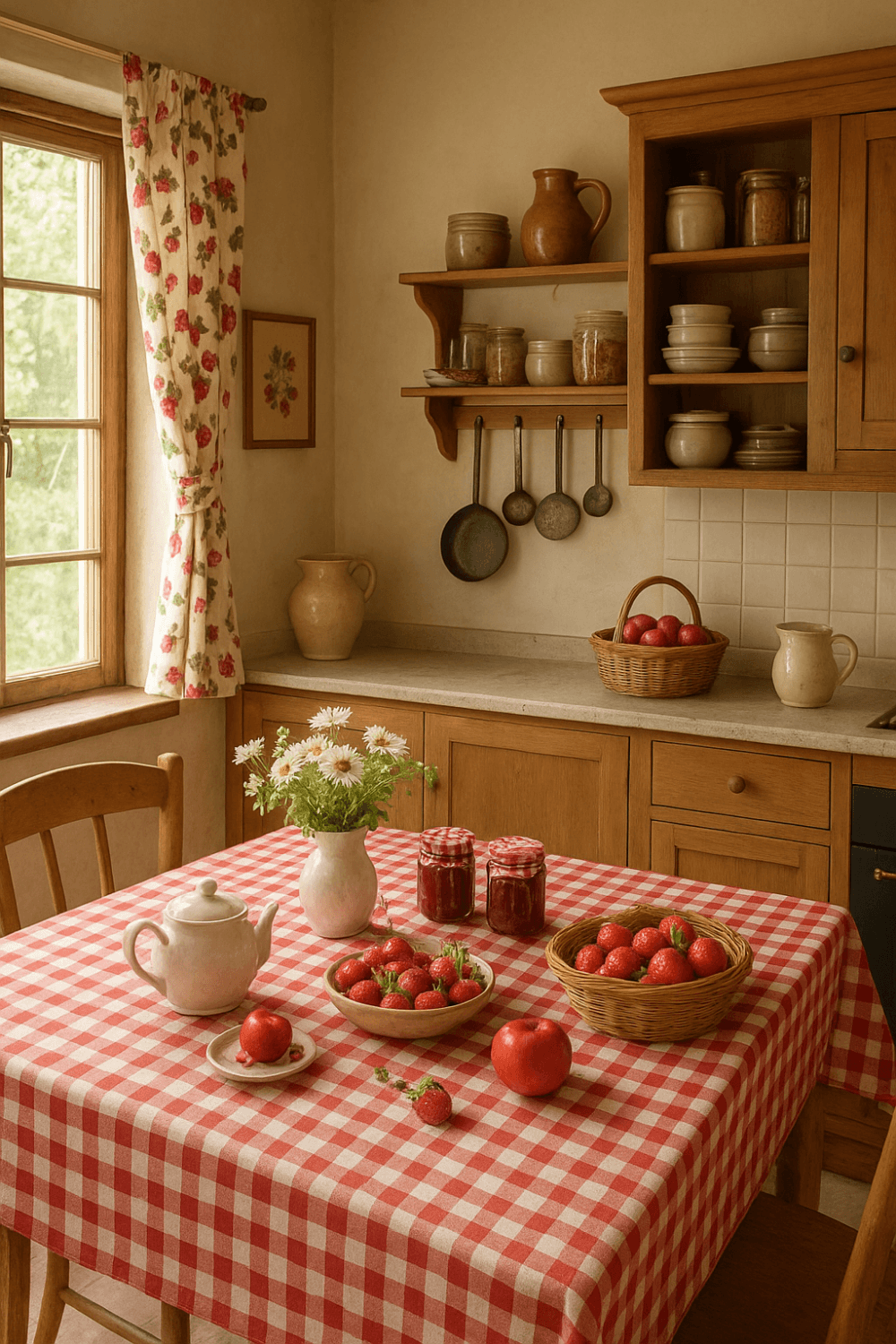 A simple farmhouse style kitchen with a red and white checkered tablecloth, strawberries, and tomatoes. A jar of daisies.